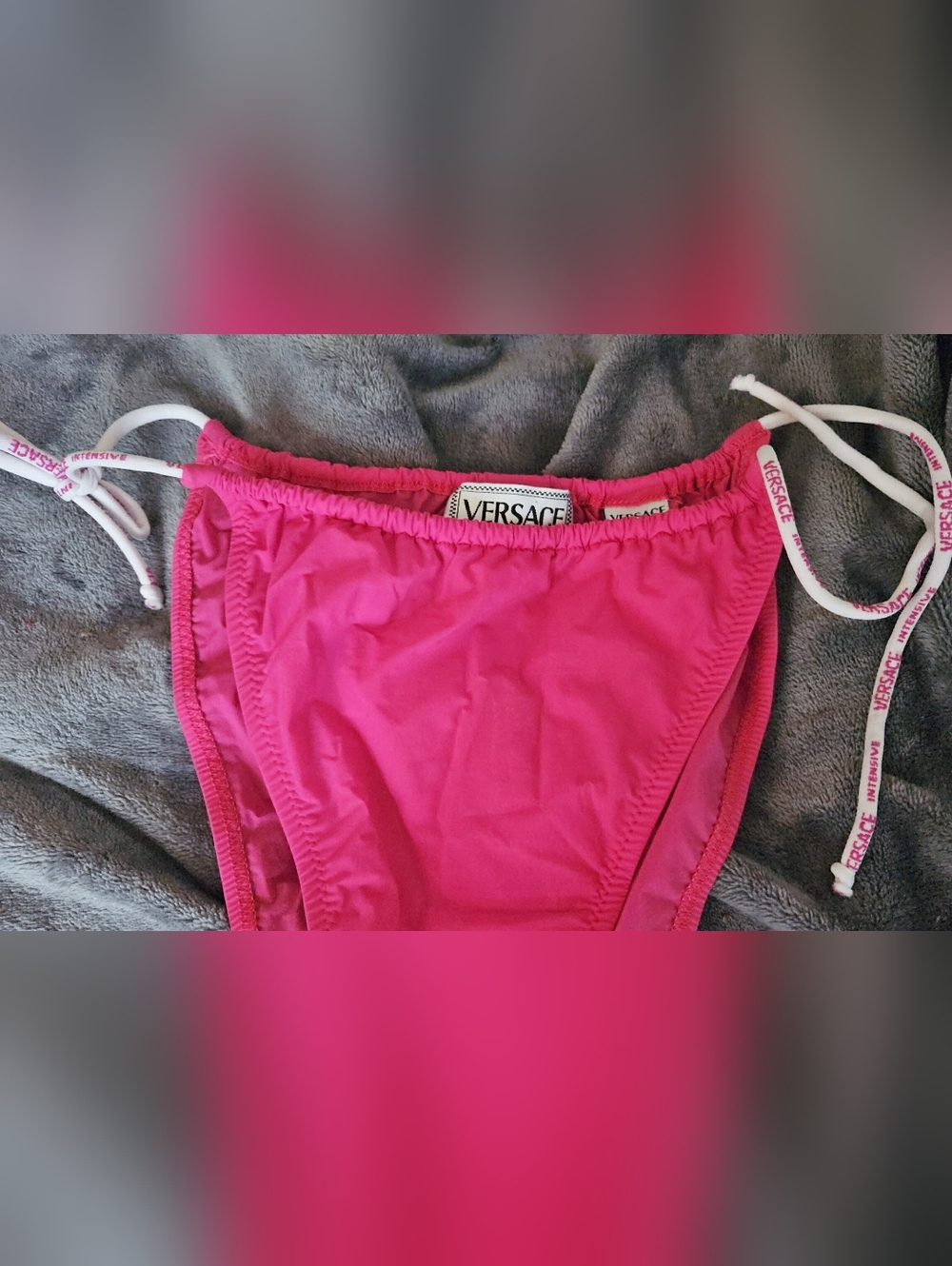 Versace Hot Pink Brazilian Bikini Bottom with Branded White Side Ties Size Large